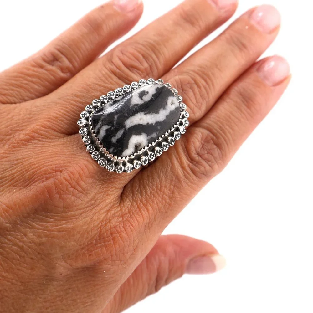Native American Jasper Zebra Ring Navajo Handmade‎ Jewelry Sterling Sz 8.5 US**